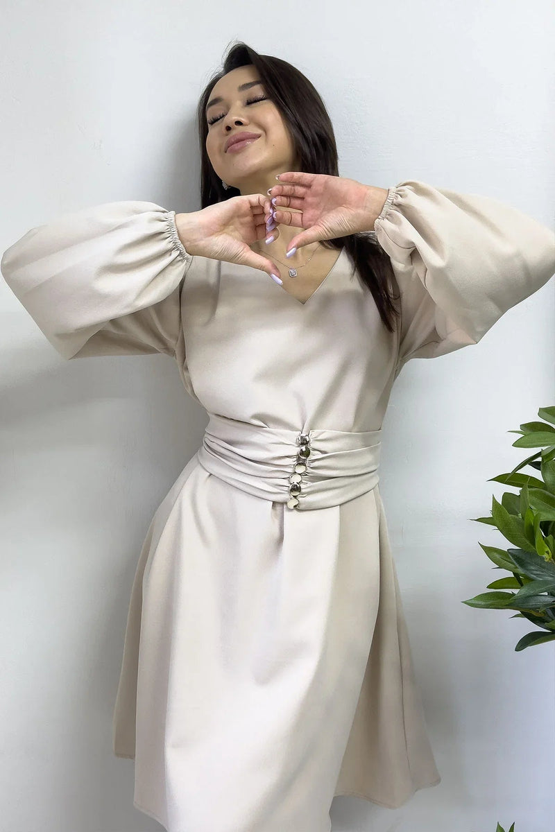 Women's Beige Balloon Sleeve Düğme Detail Belted Flared Dress