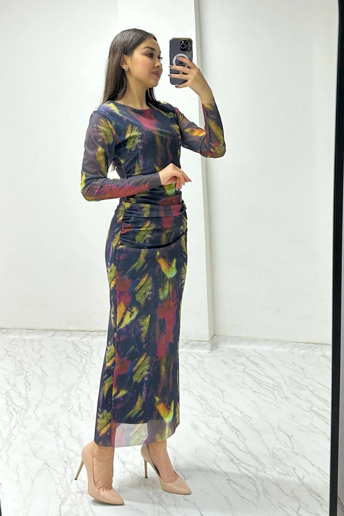 Women's Batik Bisiklet Neck Stretch Tulle Dress