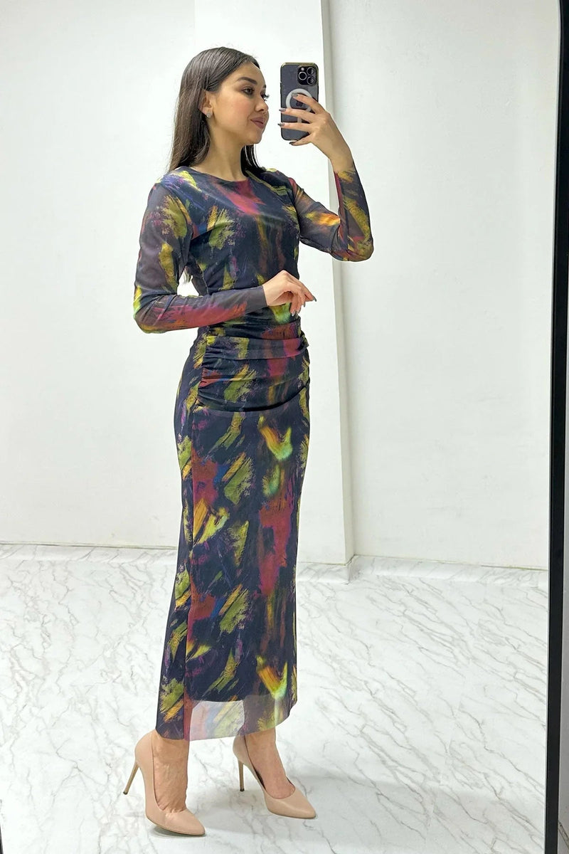 Women's Batik Bisiklet Neck Stretch Tulle Dress