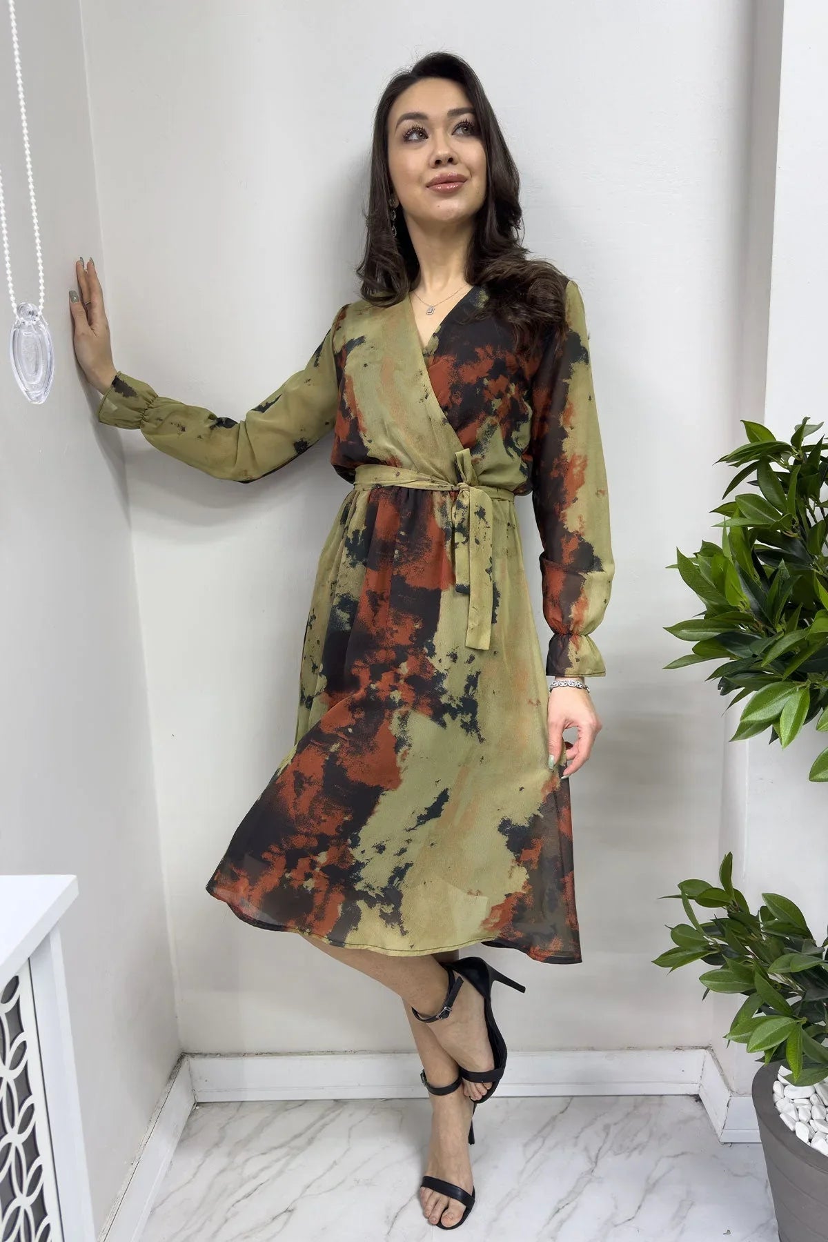 Women's Tie-Dyeli Wrap Neck Chiffon Plus Size Short Dress - the ZKS