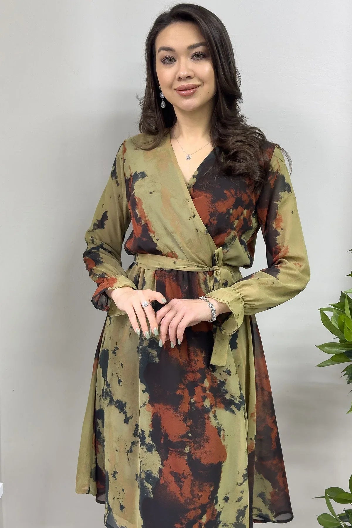 Women's Tie-Dyeli Wrap Neck Chiffon Plus Size Short Dress - the ZKS