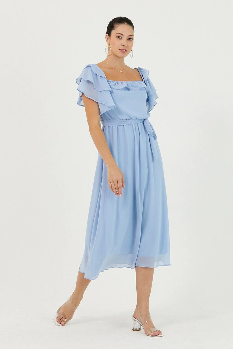 Women's Baby Bluesi Ruffled Madonna Collar Plus Size Chiffon Dress