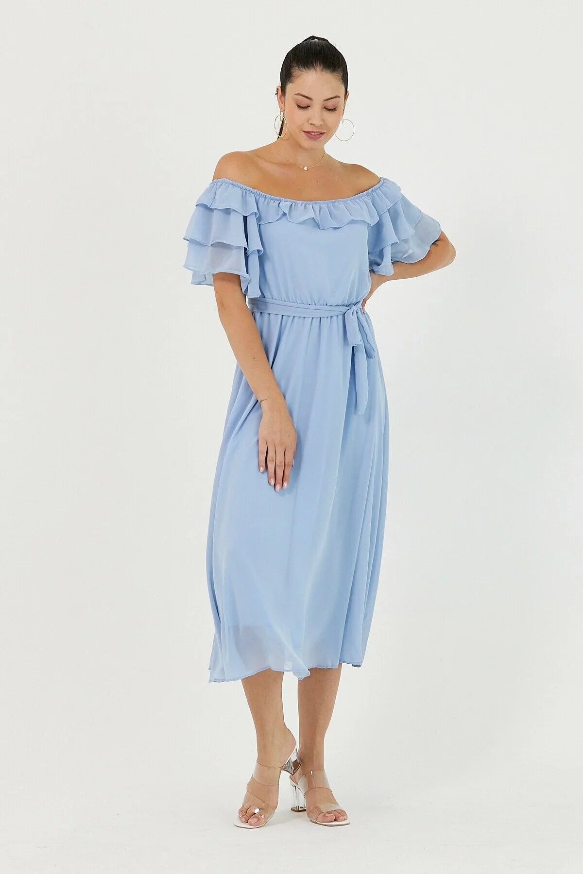 Women's Baby Bluesi Ruffled Madonna Collar Plus Size Chiffon Dress