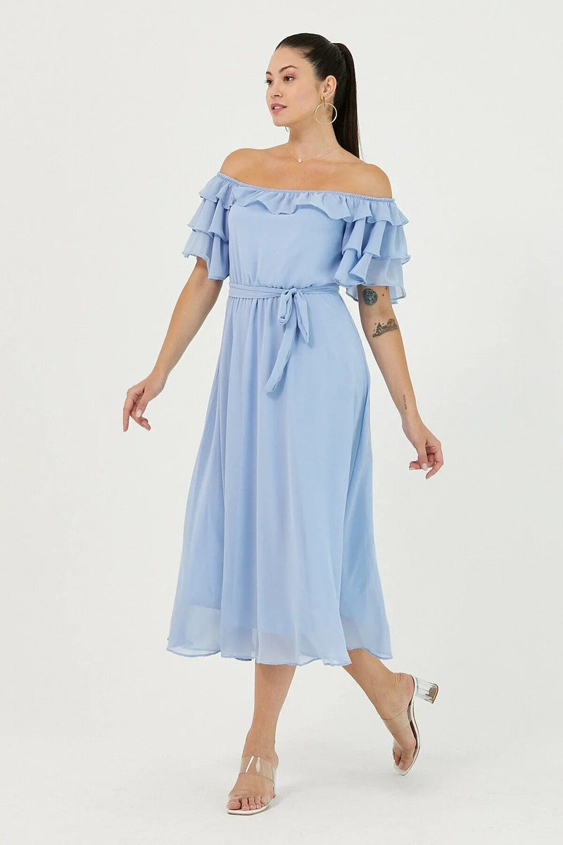 Women's Baby Bluesi Ruffled Madonna Collar Plus Size Chiffon Dress