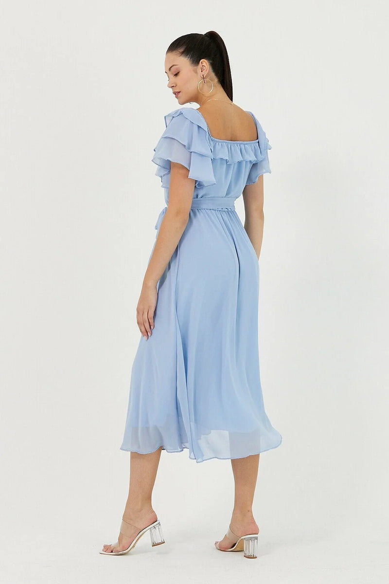 Women's Baby Bluesi Ruffled Madonna Collar Plus Size Chiffon Dress