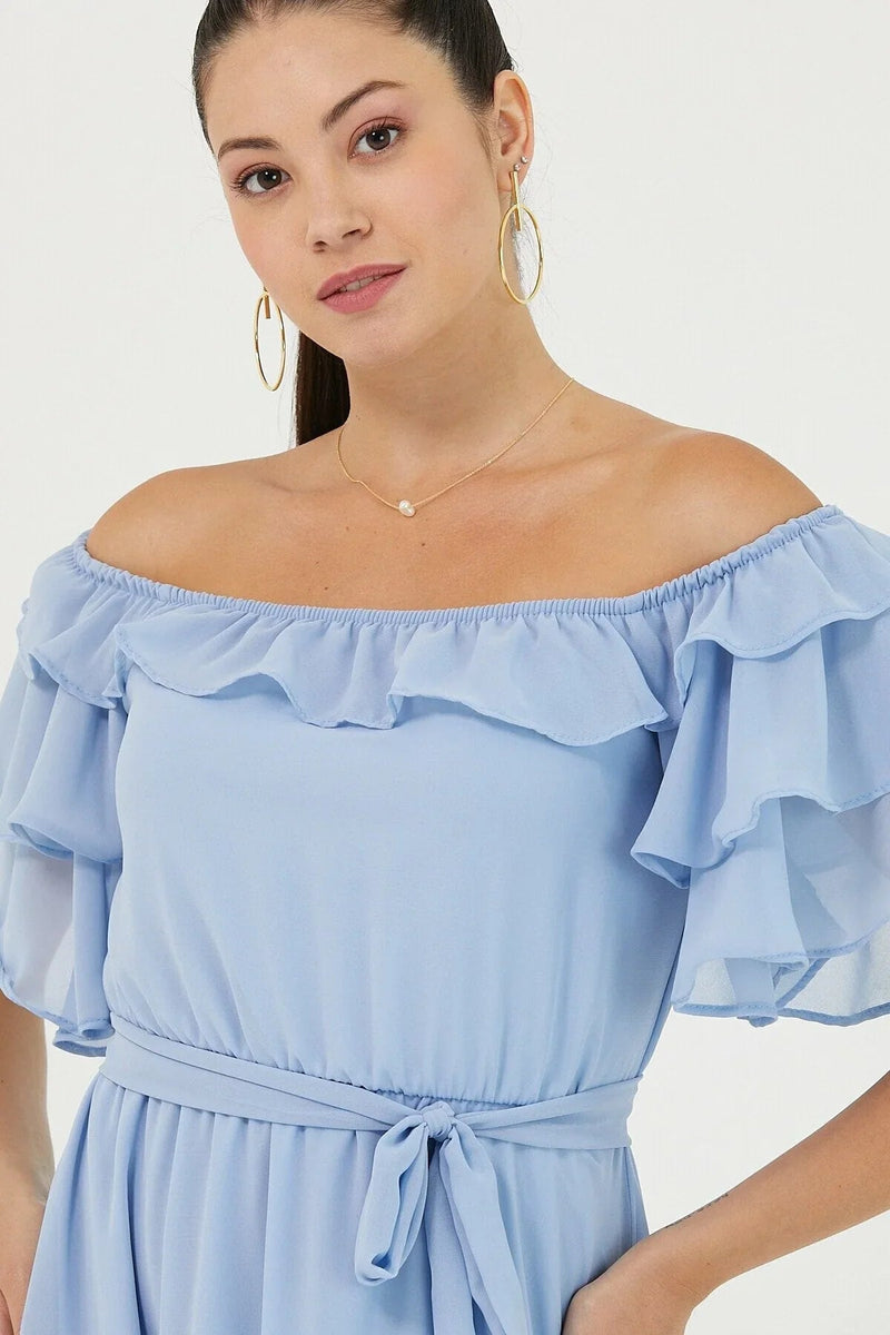 Women's Baby Bluesi Ruffled Madonna Collar Plus Size Chiffon Dress