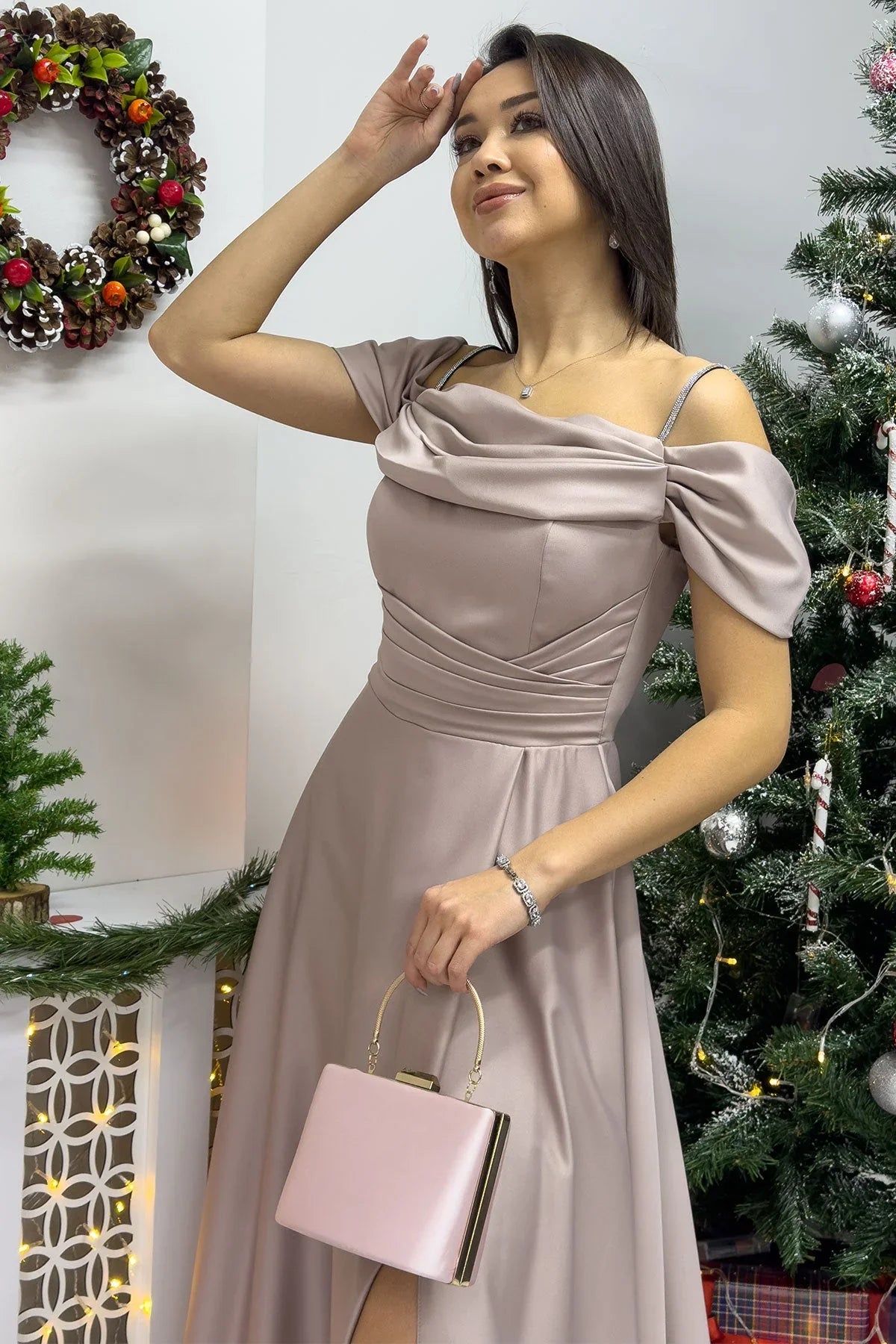 Women's Beige Taş Strap Off-Shoulder Satin Slit Evening Gown - the ZKS