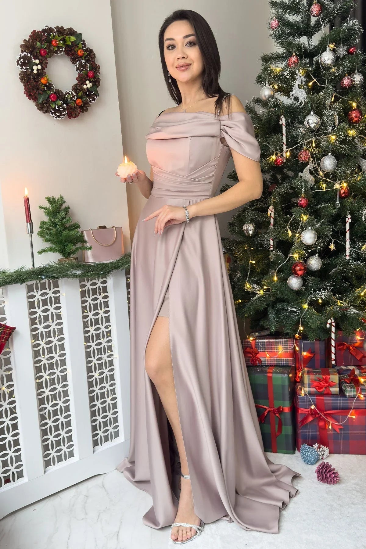 Women's Beige Taş Strap Off-Shoulder Satin Slit Evening Gown - the ZKS