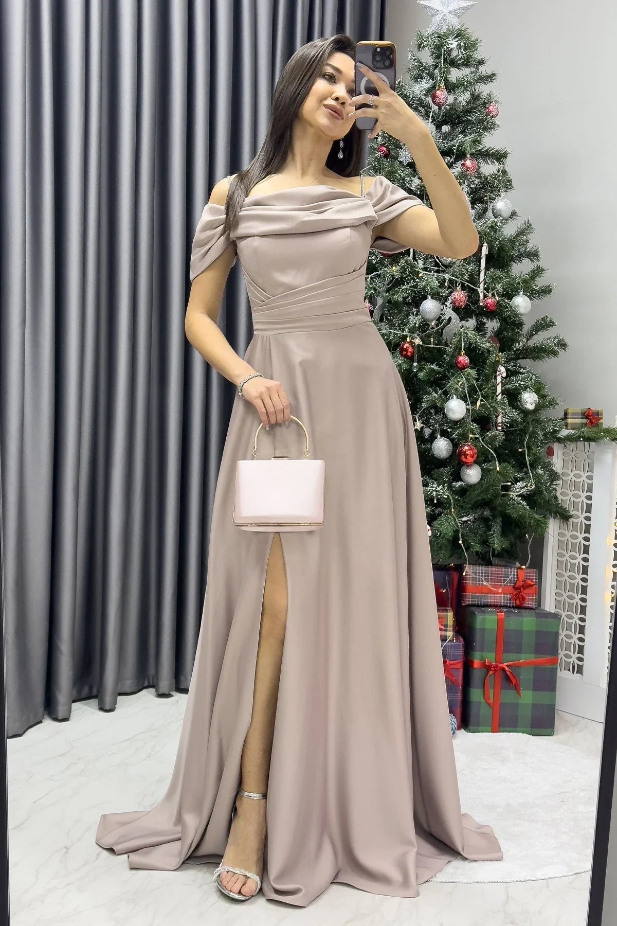 Women's Beige Taş Strap Off-Shoulder Satin Slit Evening Gown - the ZKS