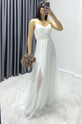 Women's White Stone Strappy Adjustable Slit Plus Size Evening Dress