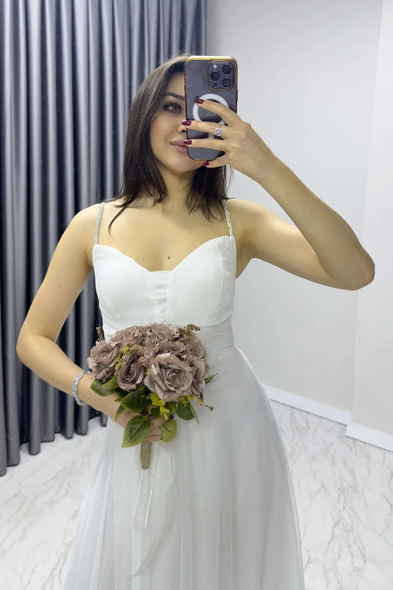 Women's White Taş Strap Ayarlanabilir Slit Plus Size Evening Gown