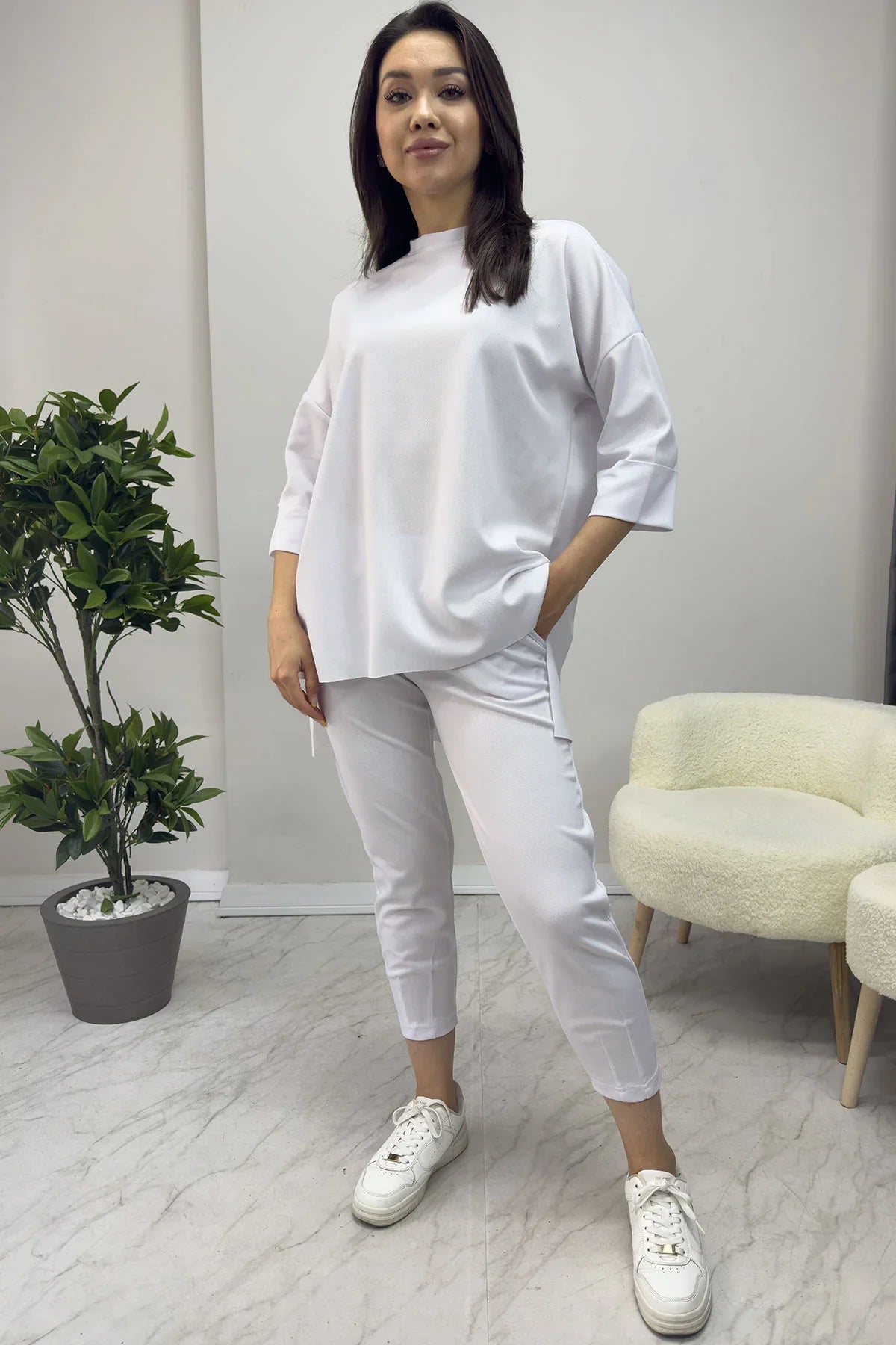 Women's White Long Sleeve Two-Piece Set
