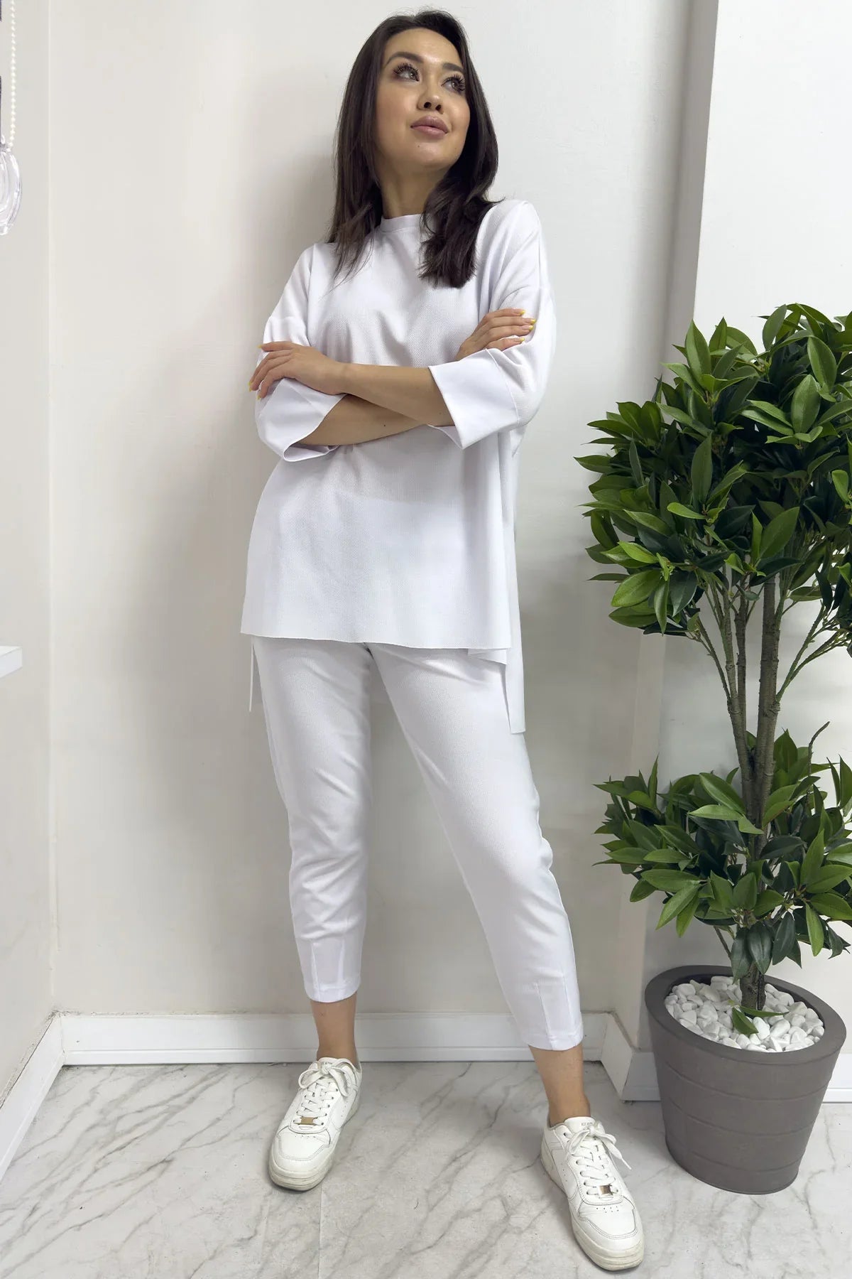 Women's White Long Sleeve Two-Piece Set