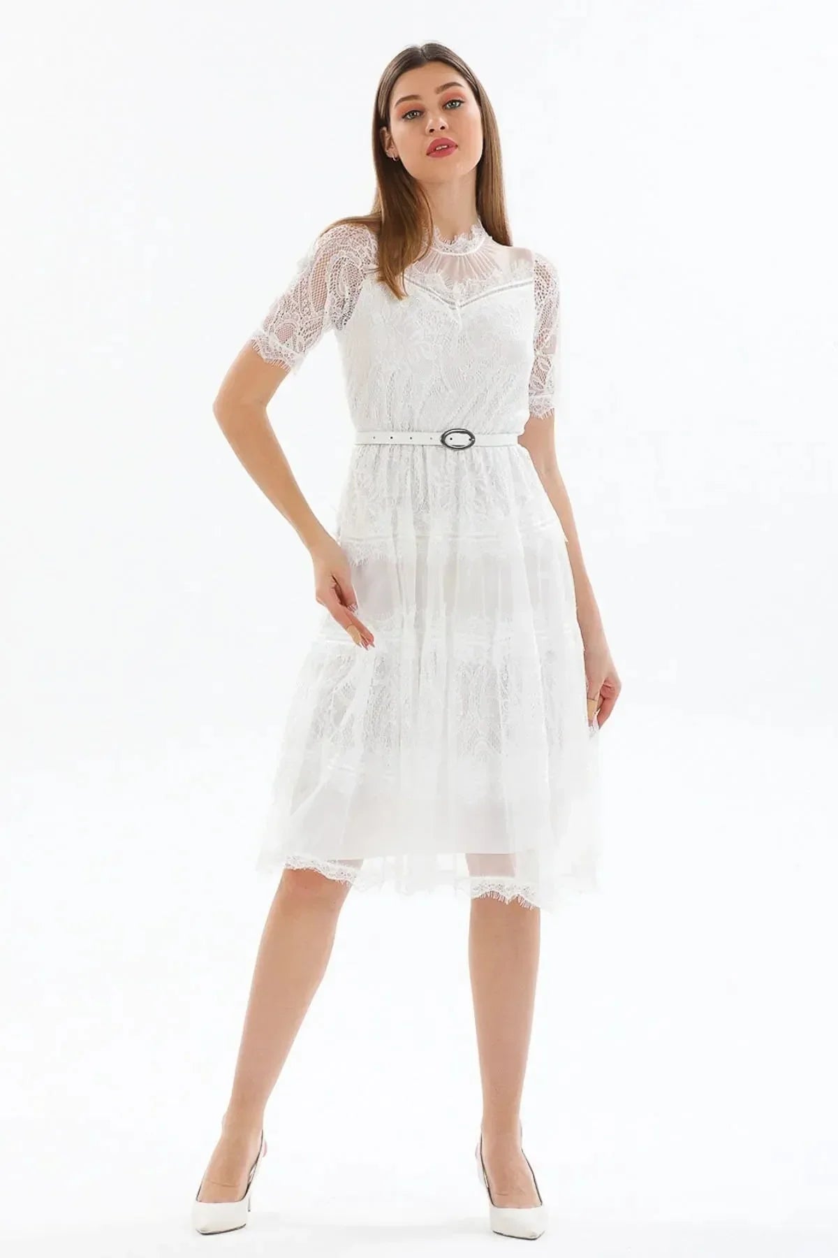 Women's White Short Sleeve Guipure Evening Gown