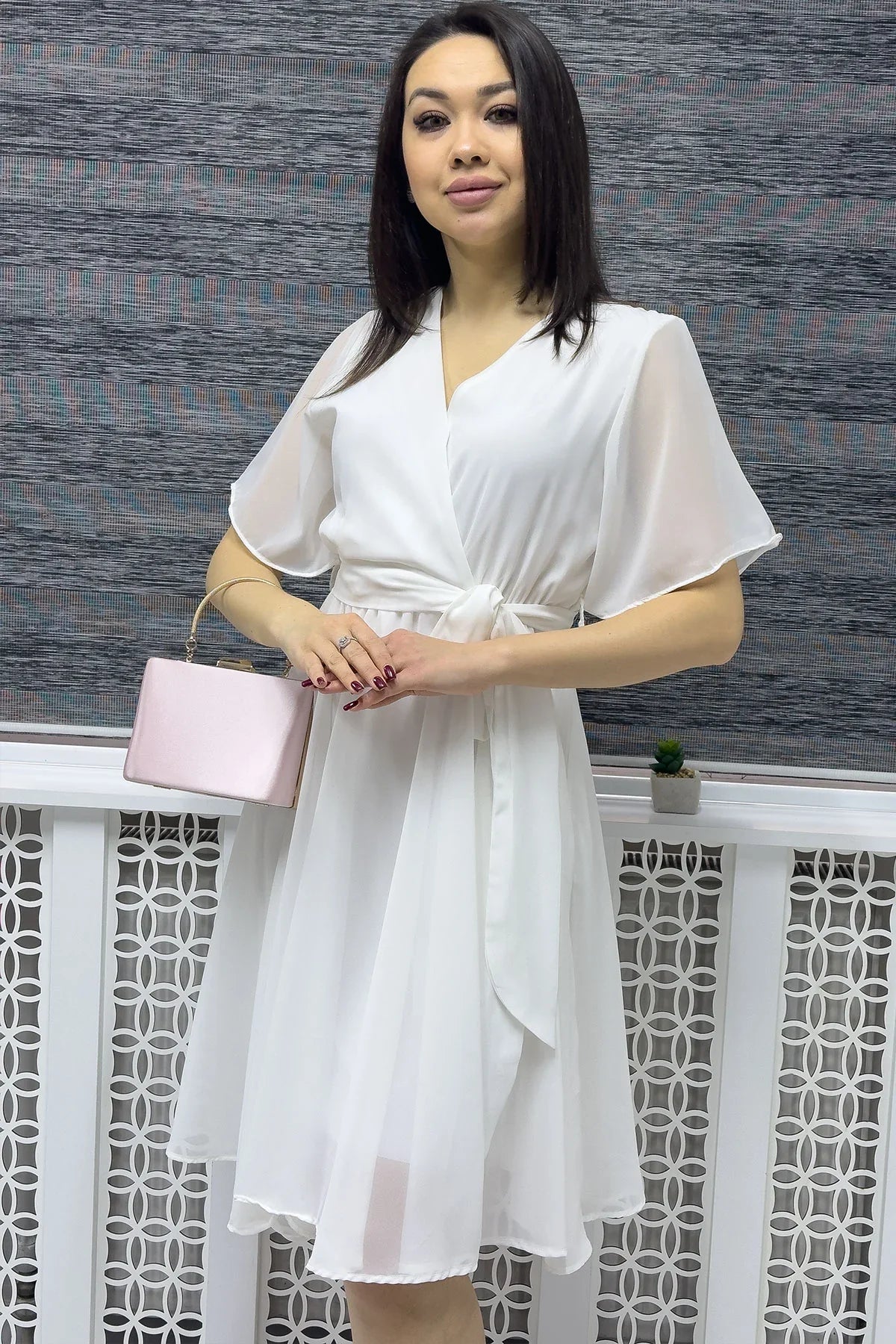Women's White Flared Half Sleeve Plus Size Chiffon Dress