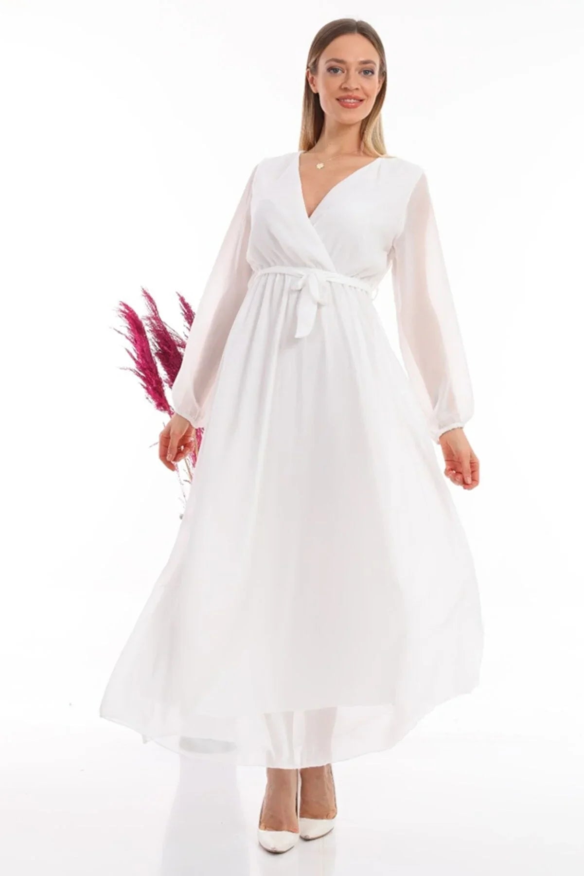 Women's White Wrap Neck Belted Plus Size Chiffon Maxi Dress