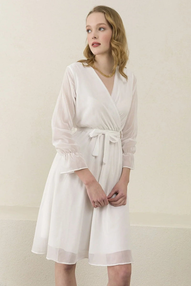 Women's White Wrap Neck Chiffon Plus Size Short Dress