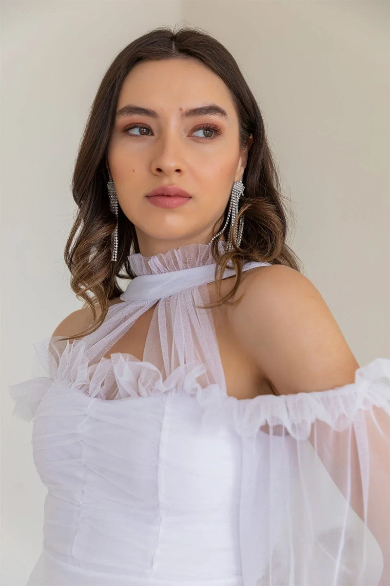 Women's White Tulle Draped Plus Size Evening Gown