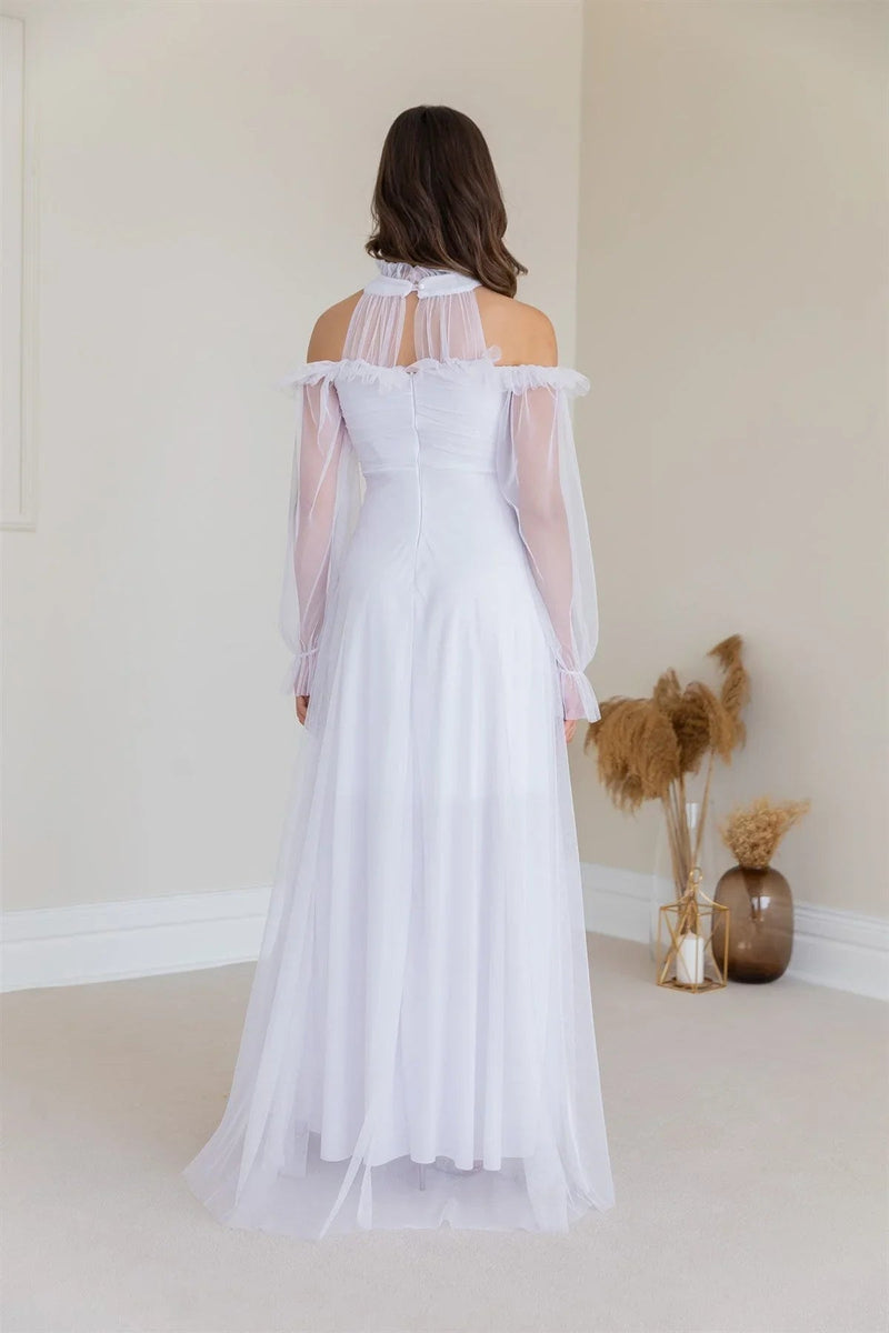 Women's White Tulle Draped Plus Size Evening Gown