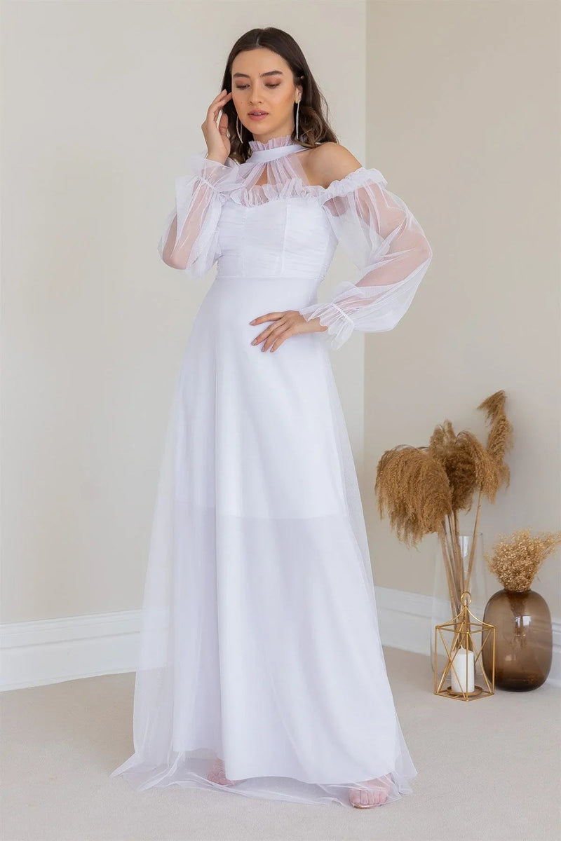 Women's White Tulle Draped Plus Size Evening Gown