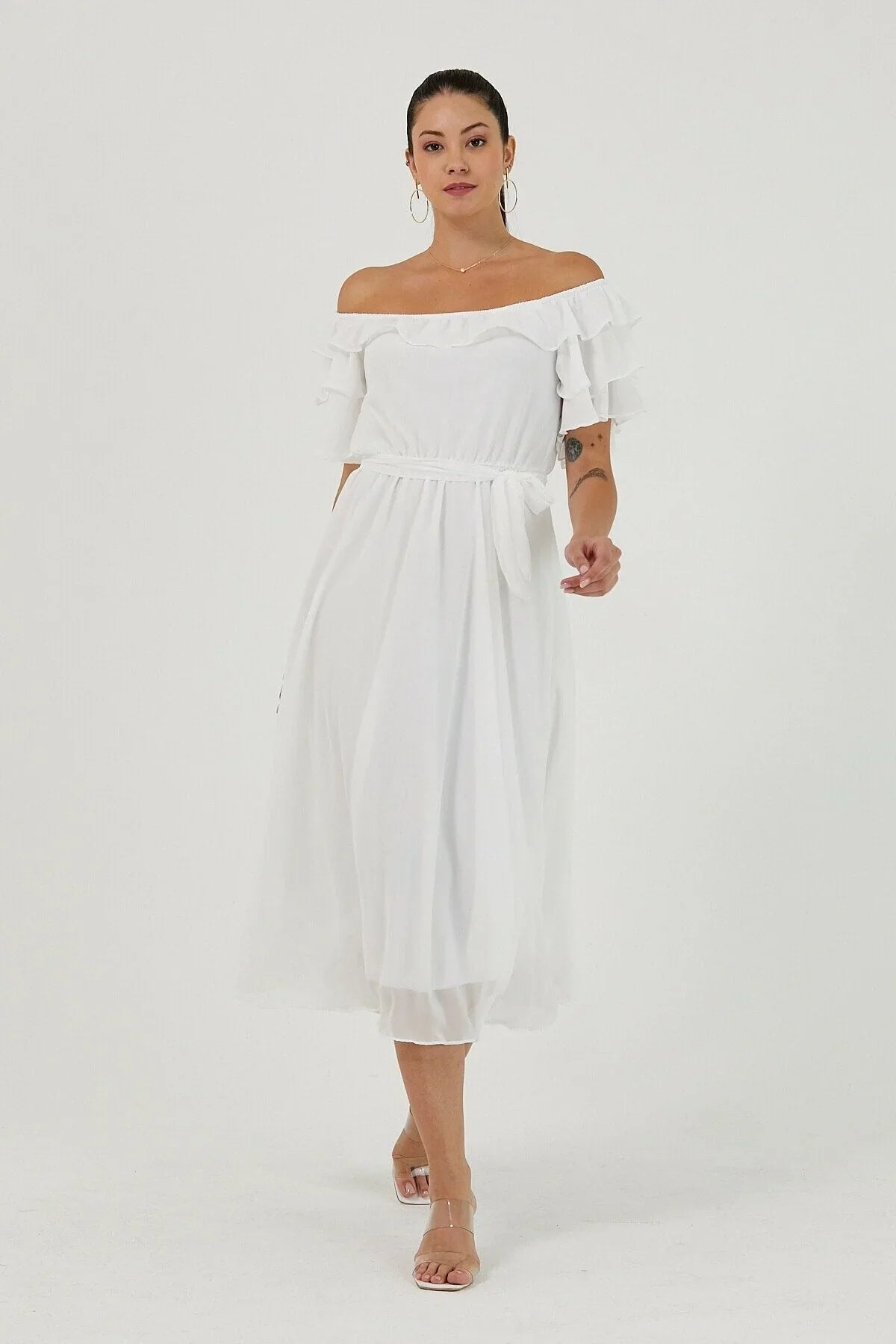 Women's White Ruffled Madonna Collar Plus Size Chiffon Dress