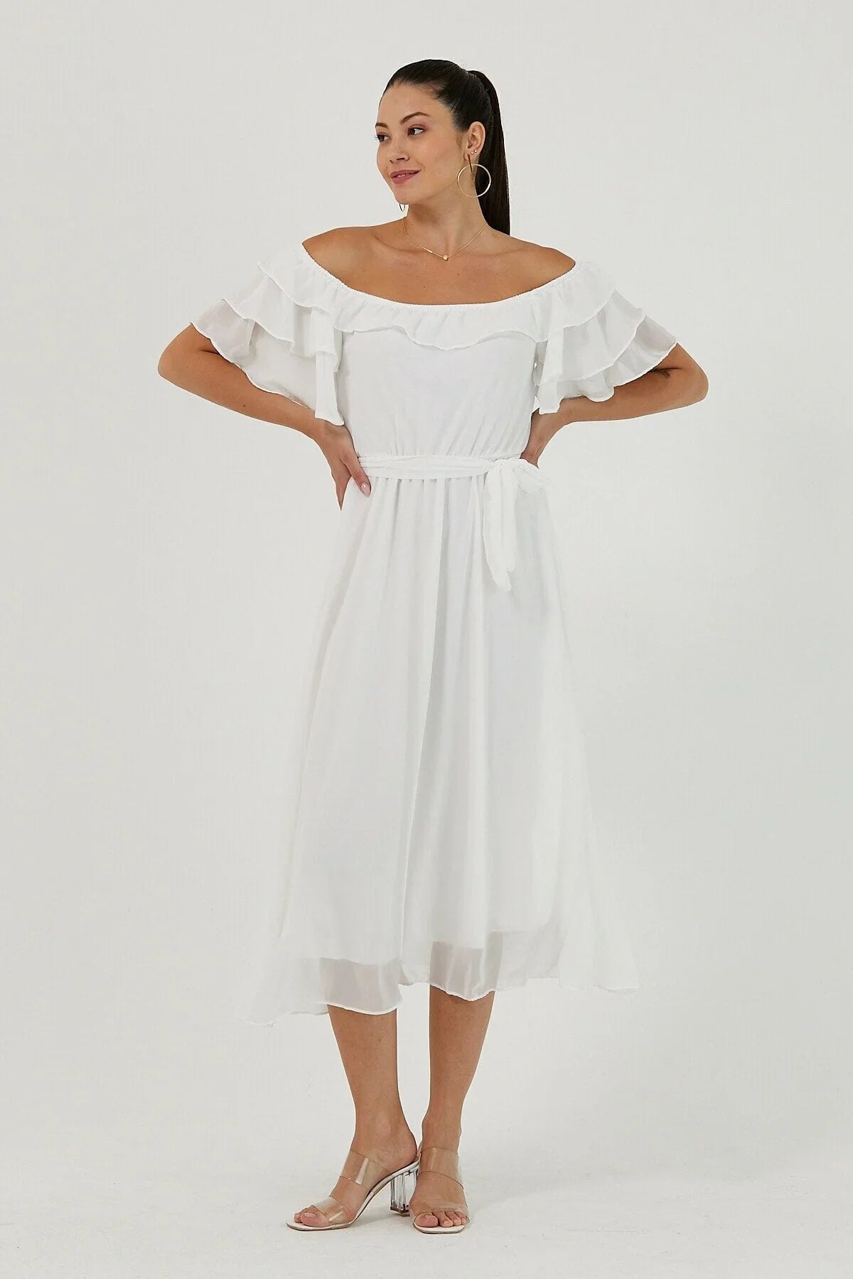 Women's White Ruffled Madonna Collar Plus Size Chiffon Dress