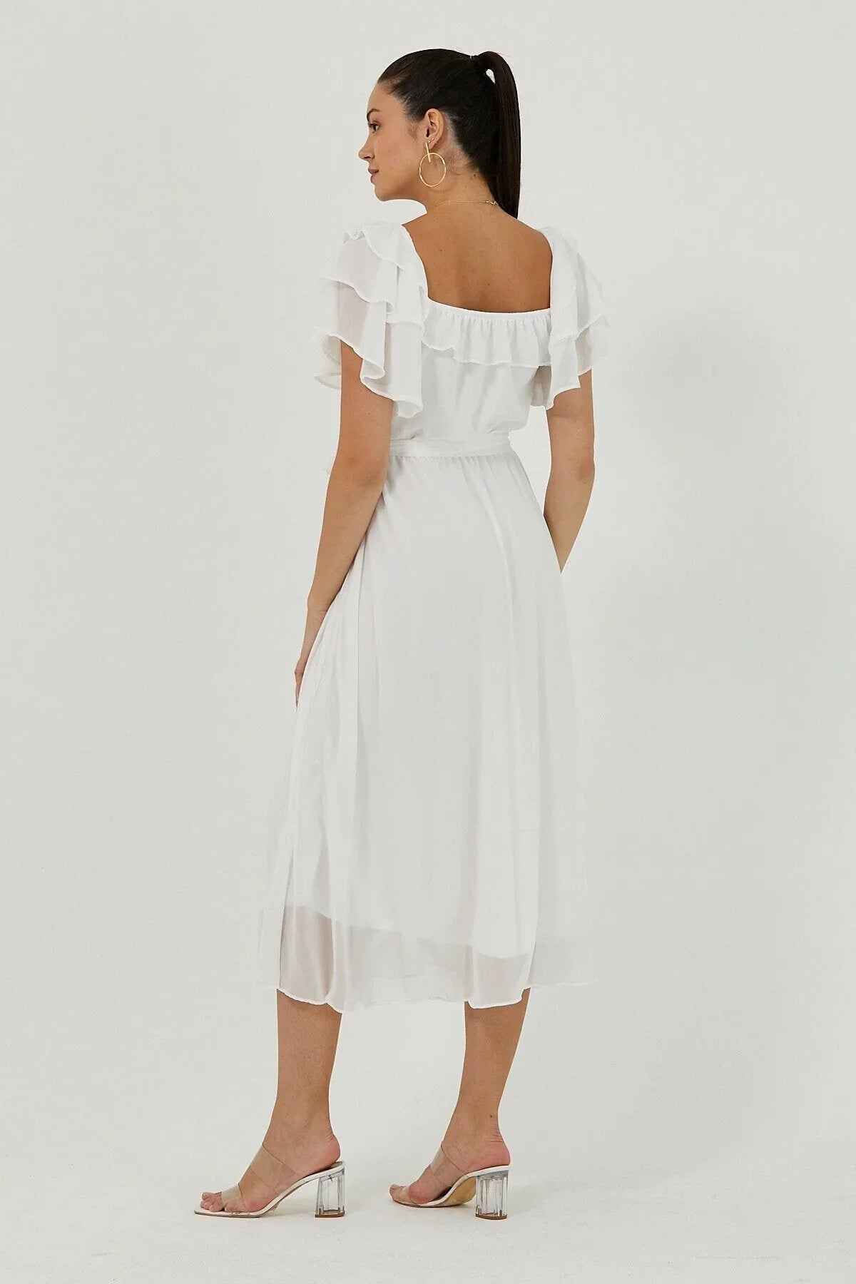 Women's White Ruffled Madonna Collar Plus Size Chiffon Dress