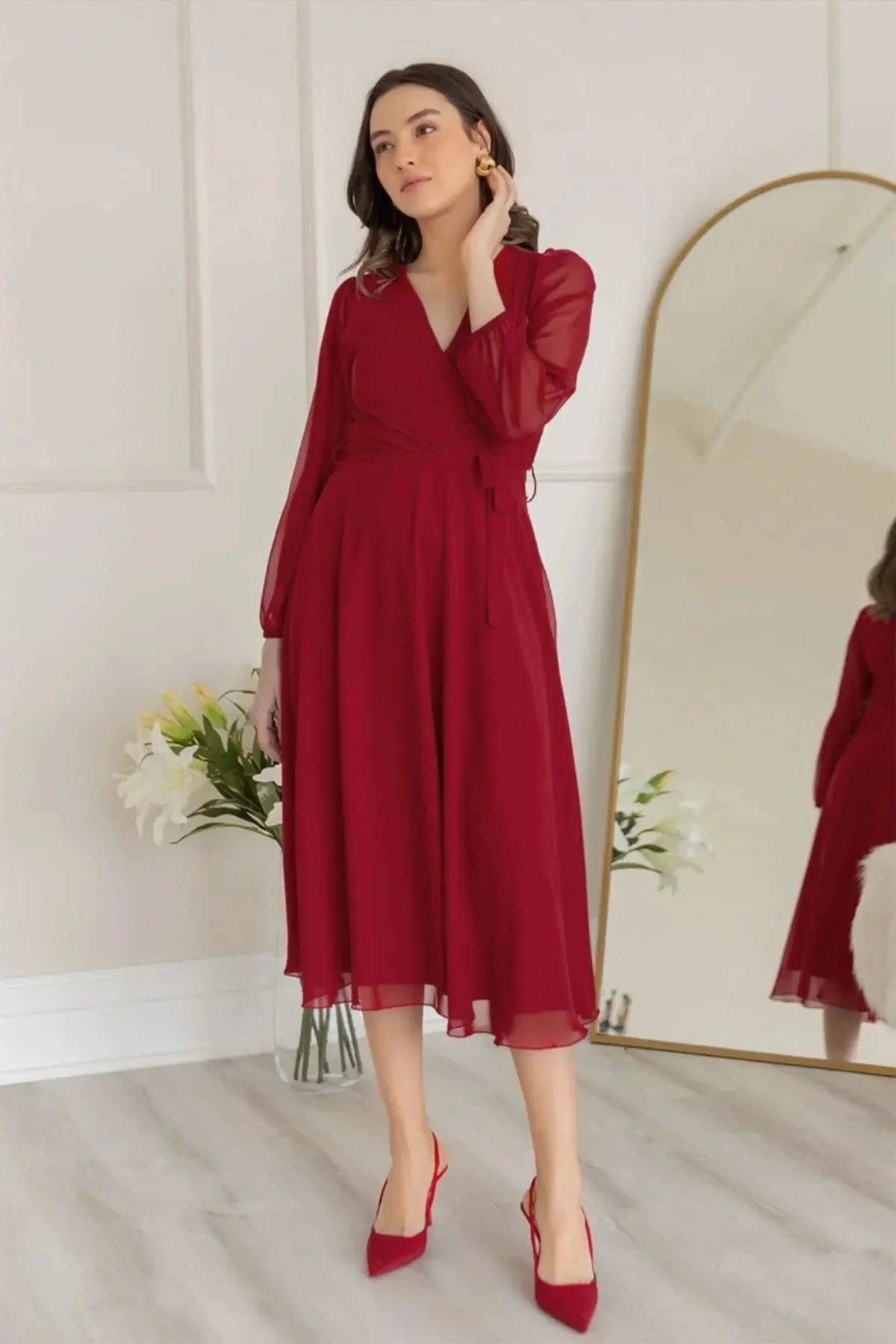 Women's Burgundy Balloon Sleeve Wrap Midi Chiffon Dress