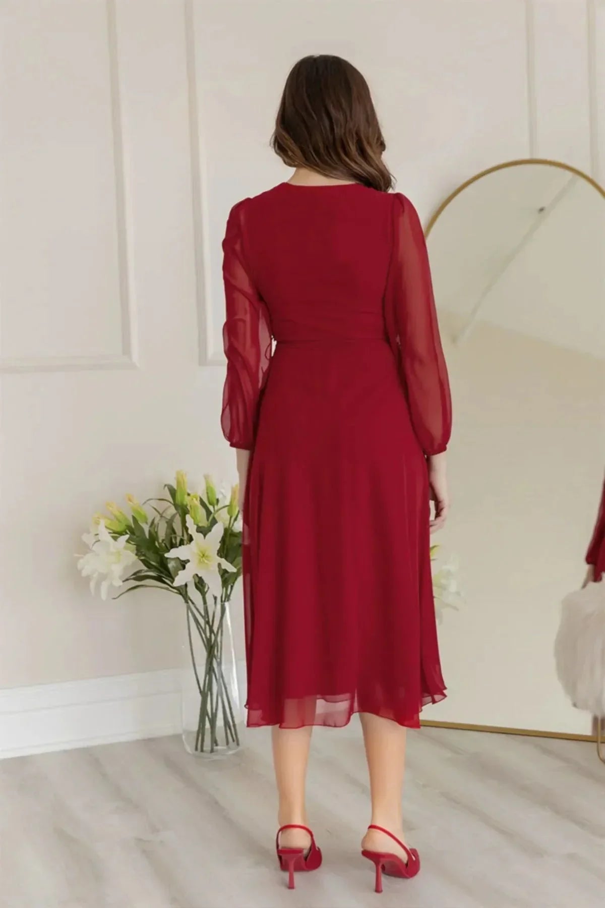 Women's Burgundy Balloon Sleeve Wrap Midi Chiffon Dress
