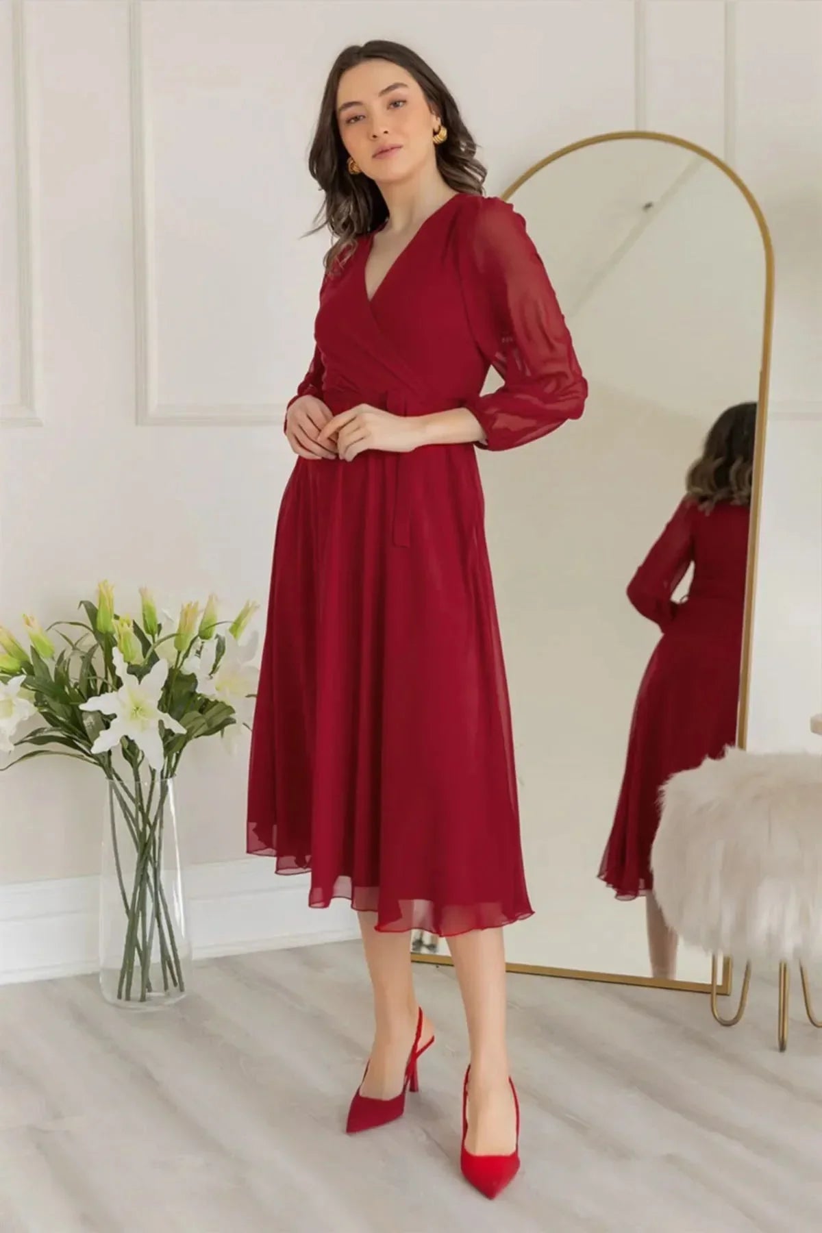 Women's Burgundy Balloon Sleeve Wrap Midi Chiffon Dress