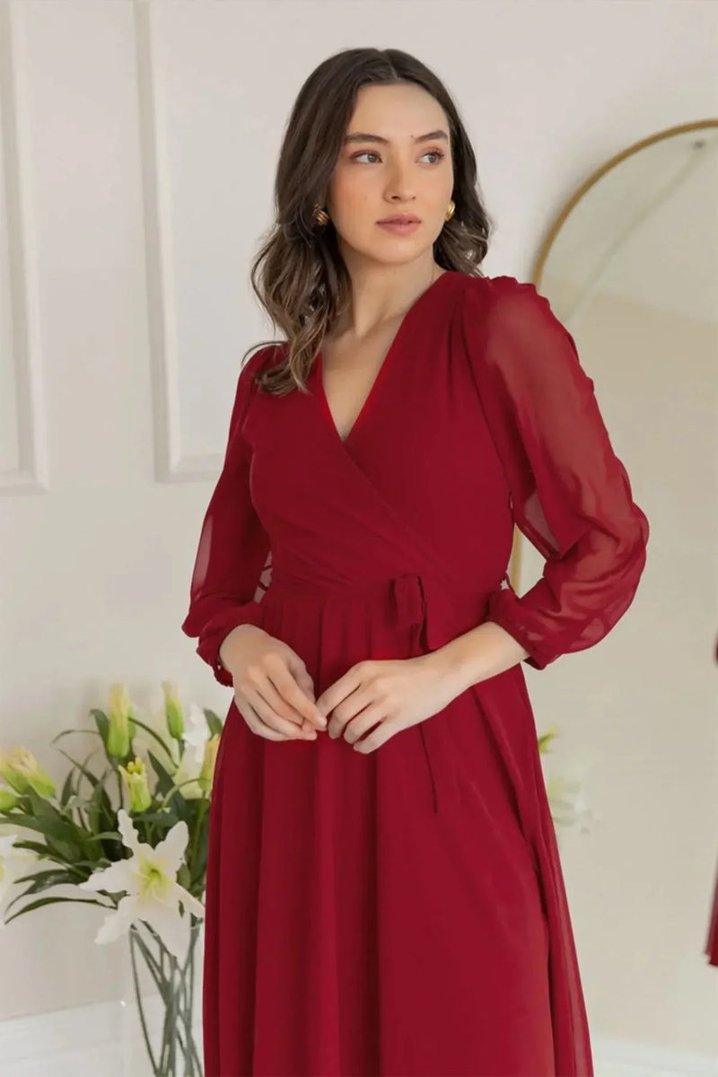 Women's Burgundy Balloon Sleeve Wrap Midi Chiffon Dress