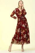 Burgundy Floral Midi Chiffon Dress