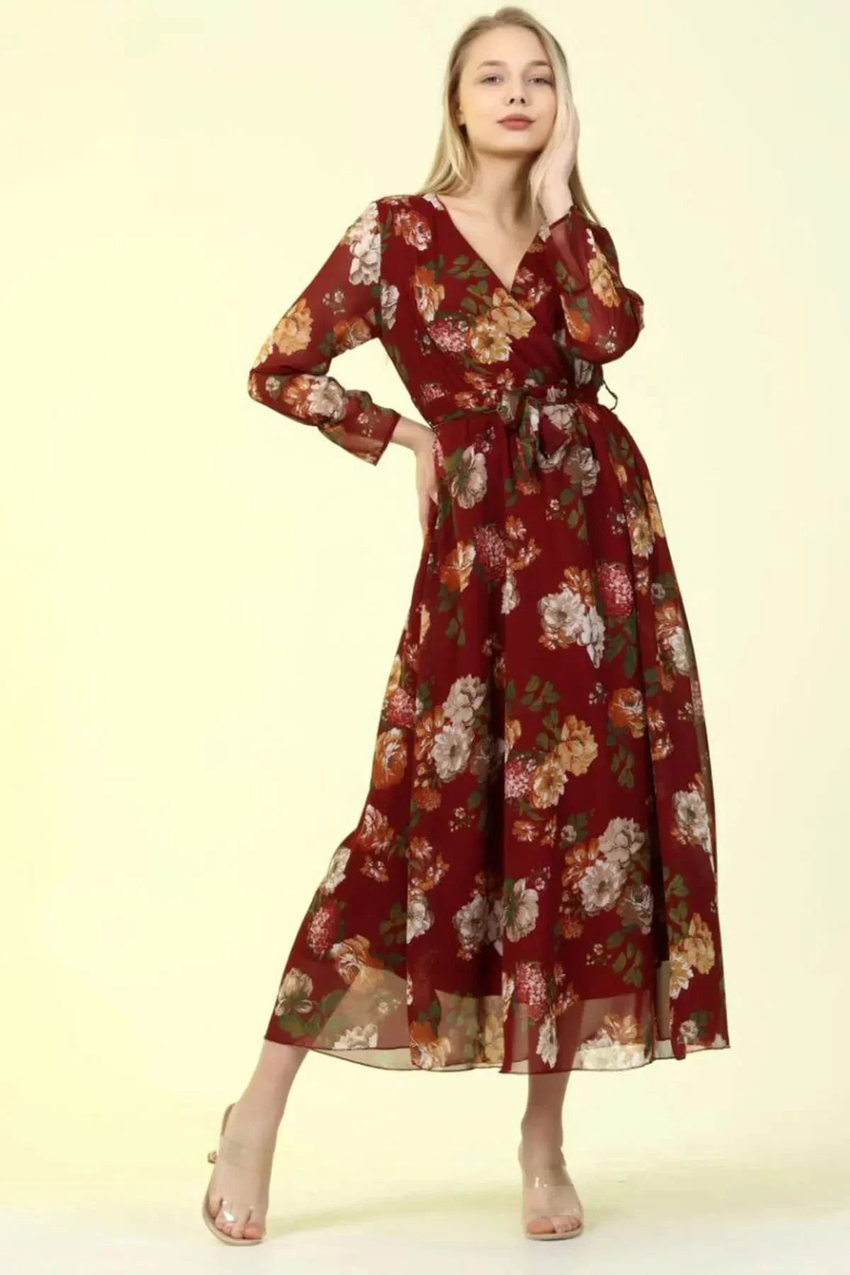 Women's Burgundy Floral Wrap Neck Chiffon Plus Size Dress