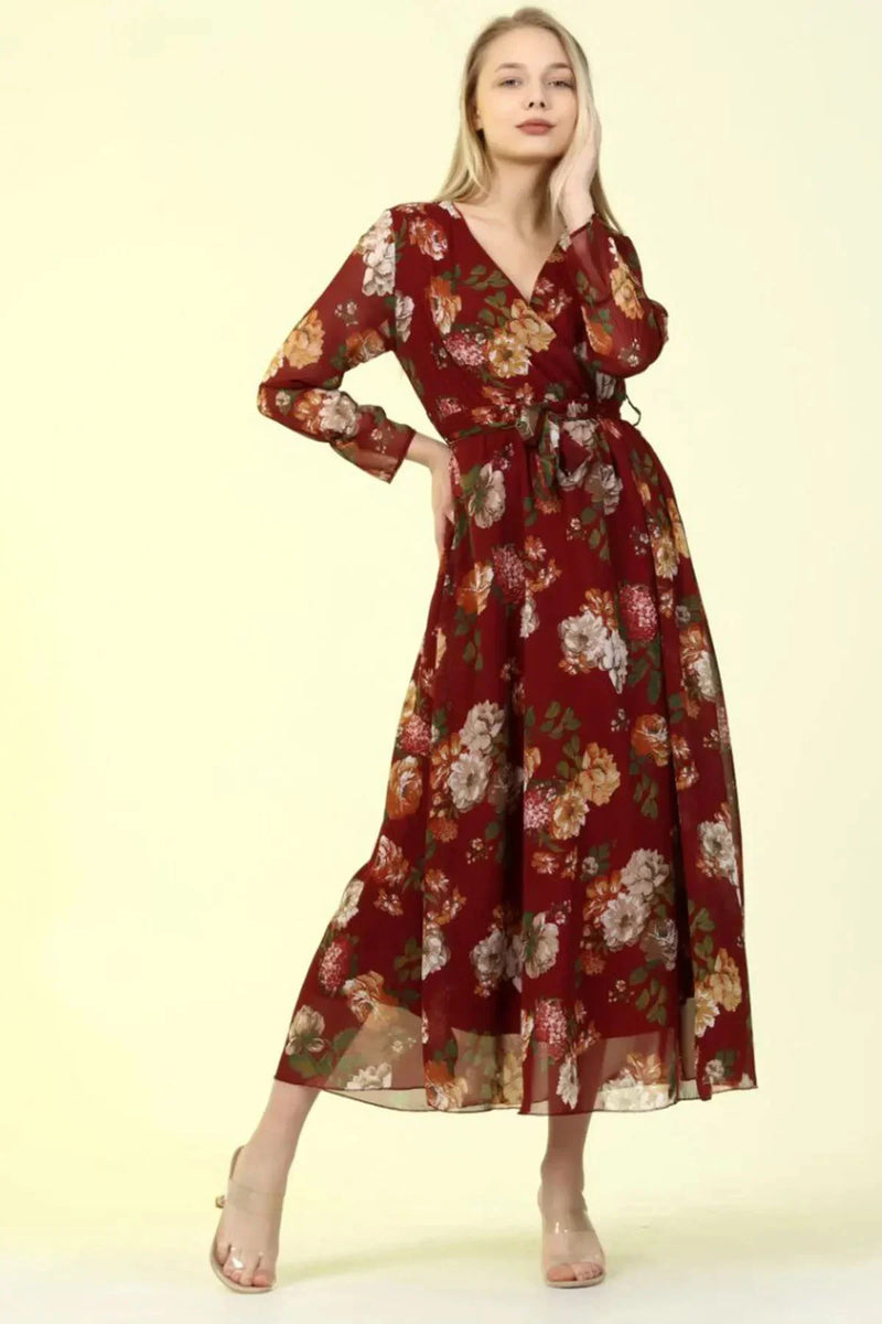 Women's Burgundy Floral Wrap Neck Chiffon Plus Size Dress