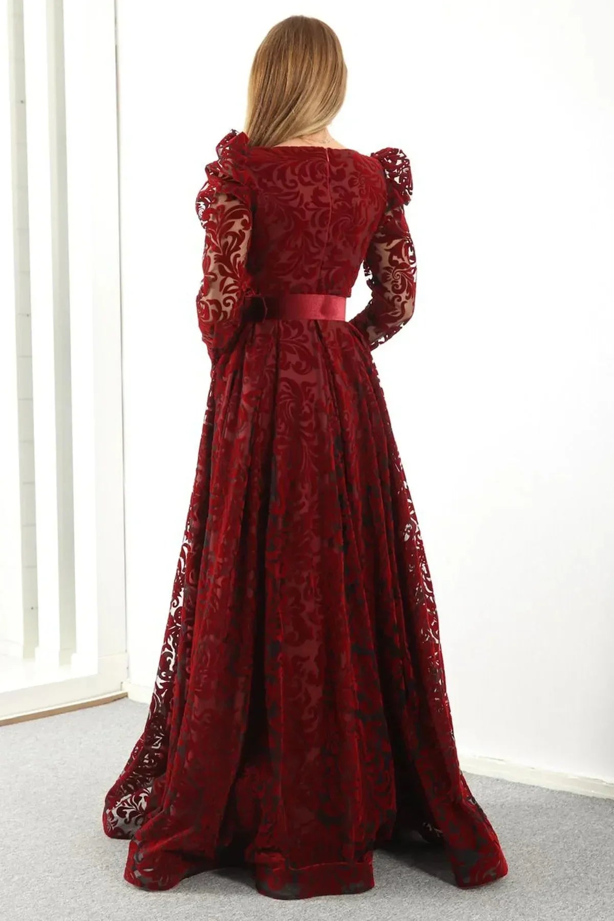 Women's Burgundy Flocked Print Belted Plus Size Evening Gown