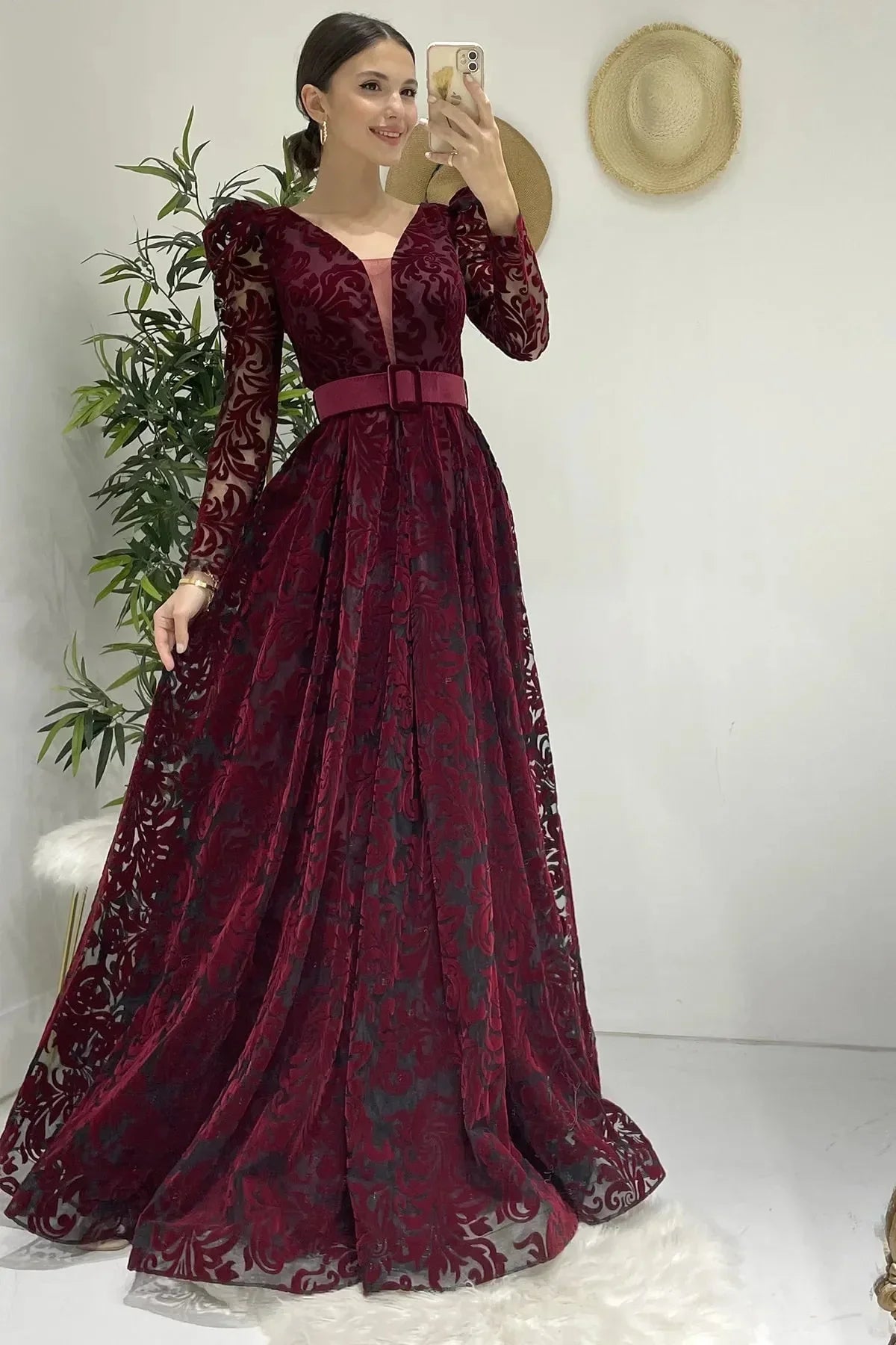 Women's Burgundy Flocked Print Belted Plus Size Evening Gown