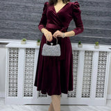 Burgundy Midi Length Velvet Dress