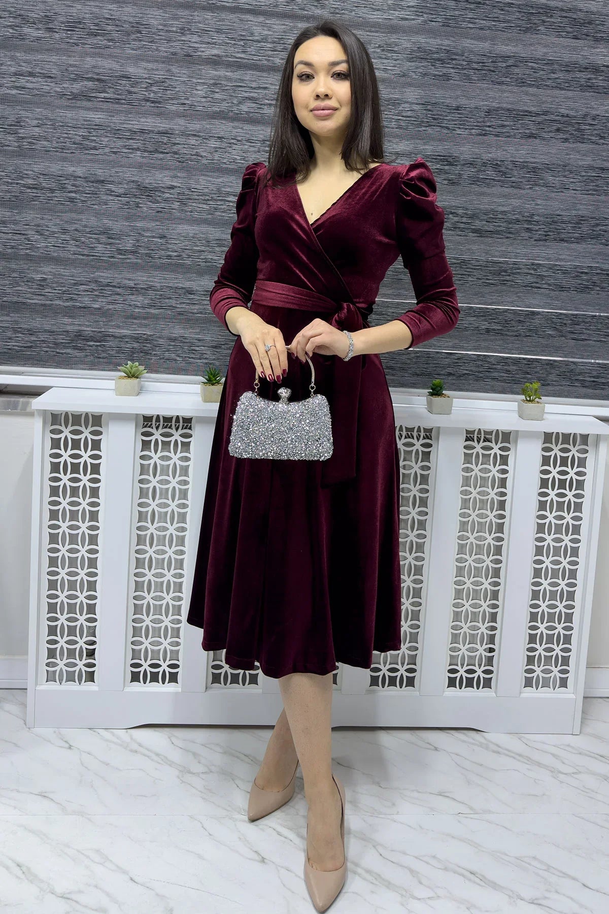Women's Burgundy Karpuz Sleeve Wrap Velvet Belted Plus Size Dress
