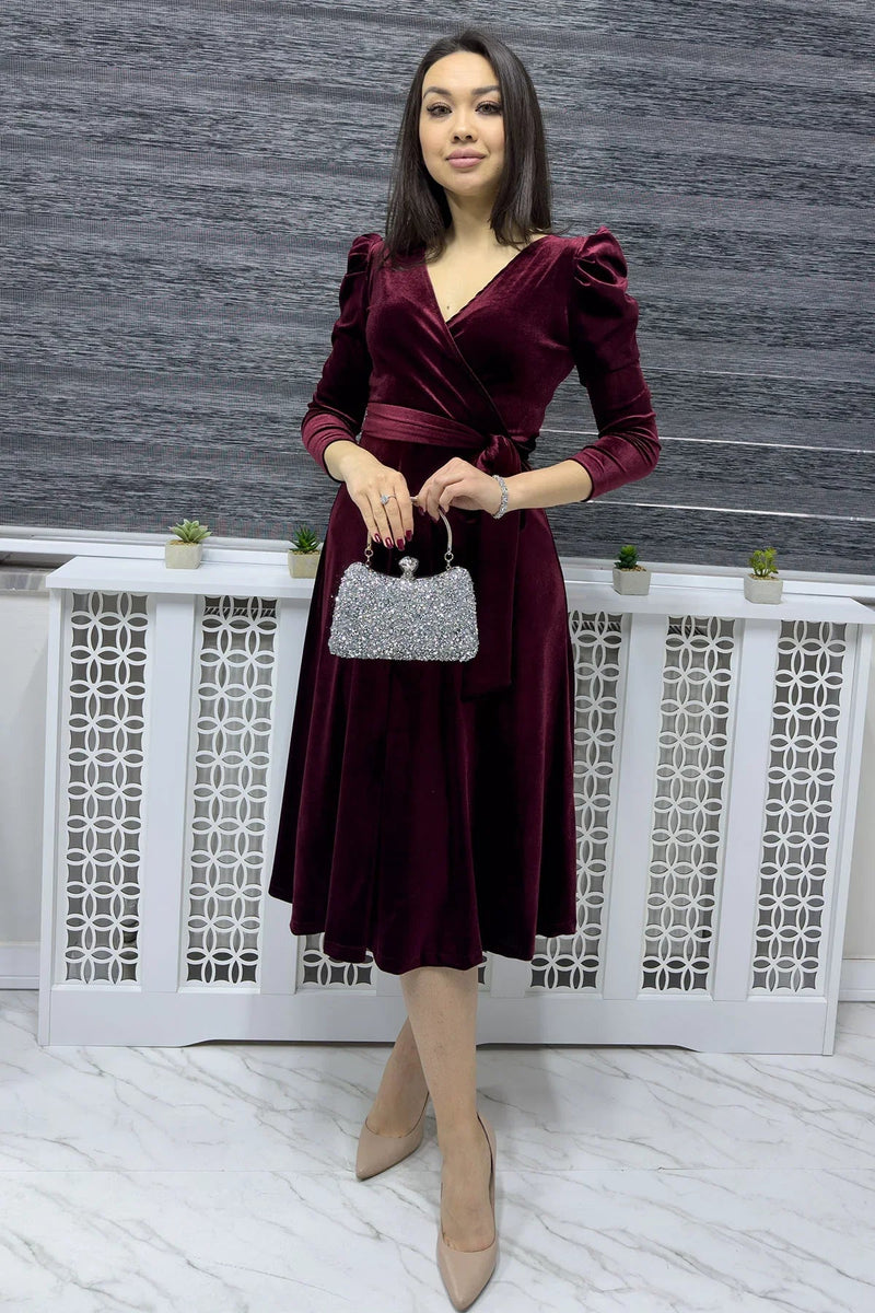 Women's Burgundy Karpuz Sleeve Wrap Velvet Belted Plus Size Dress
