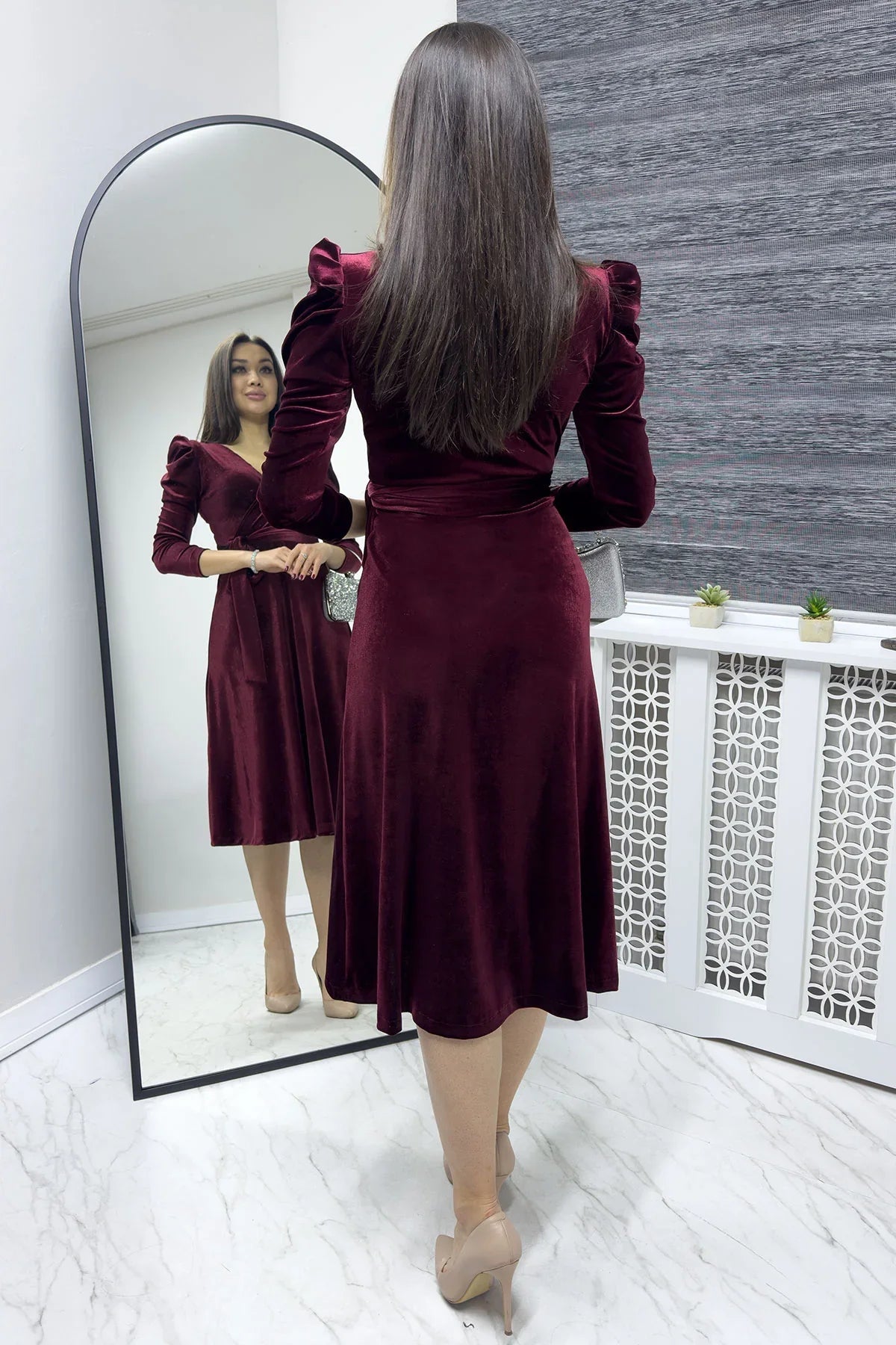 Women's Burgundy Karpuz Sleeve Wrap Velvet Belted Plus Size Dress
