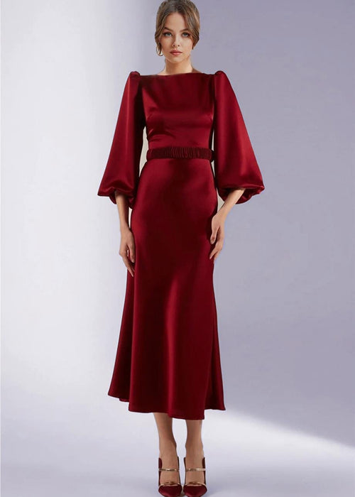 Burgundy Belted Balloon Sleeve Midi Satin Plus Size Evening Dress