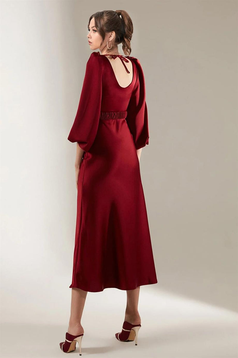 Women's Burgundy Belted Balloon Sleeve Midi Satin Plus Size Evening Gown