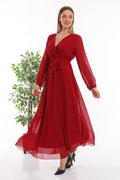 Burgundy Cross-Over Neck Midi Length Chiffon Dress
