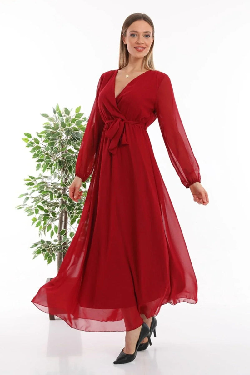 Women's Burgundy Wrap Neck Belted Plus Size Chiffon Maxi Dress
