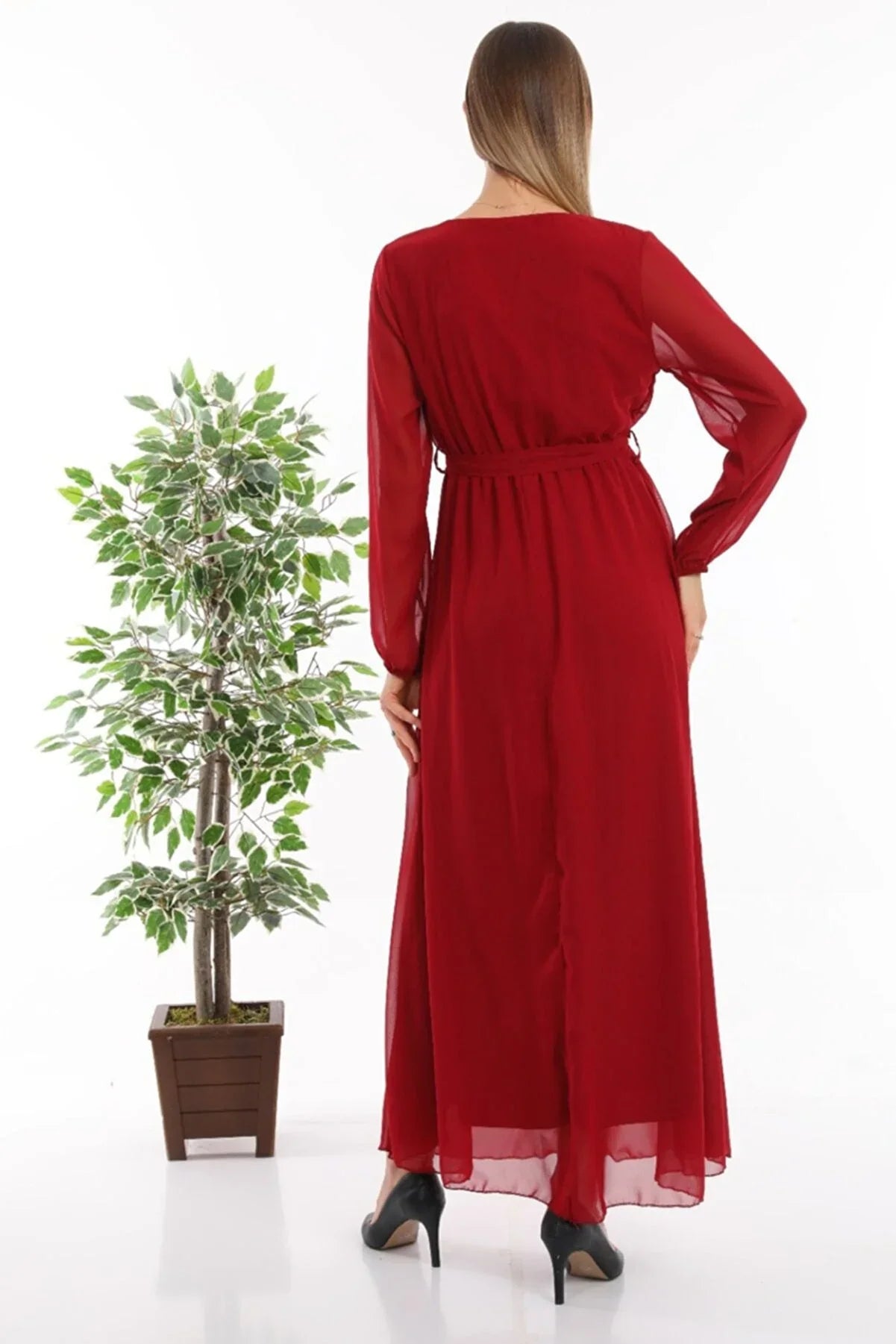 Women's Burgundy Wrap Neck Belted Plus Size Chiffon Maxi Dress