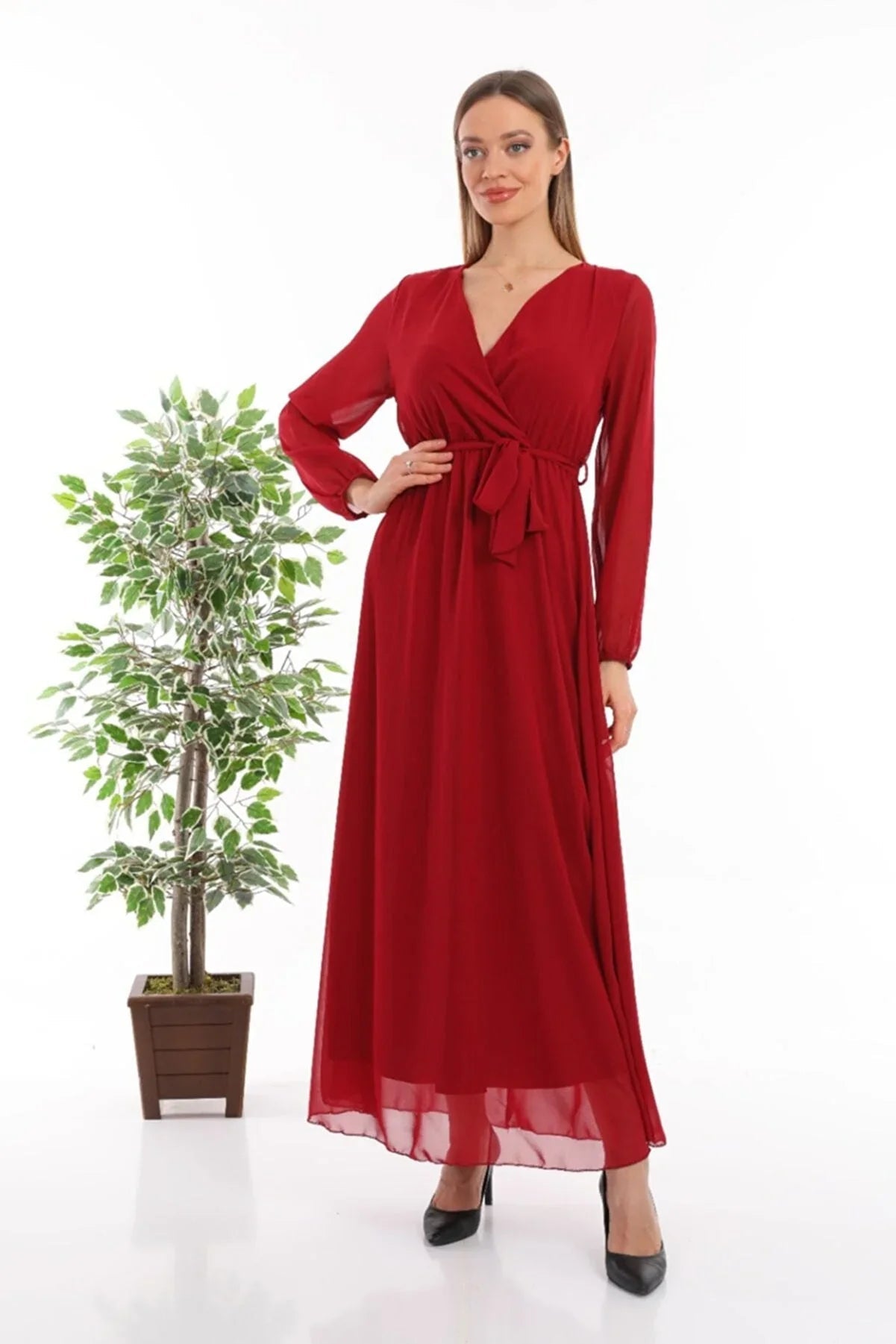 Women's Burgundy Wrap Neck Belted Plus Size Chiffon Maxi Dress
