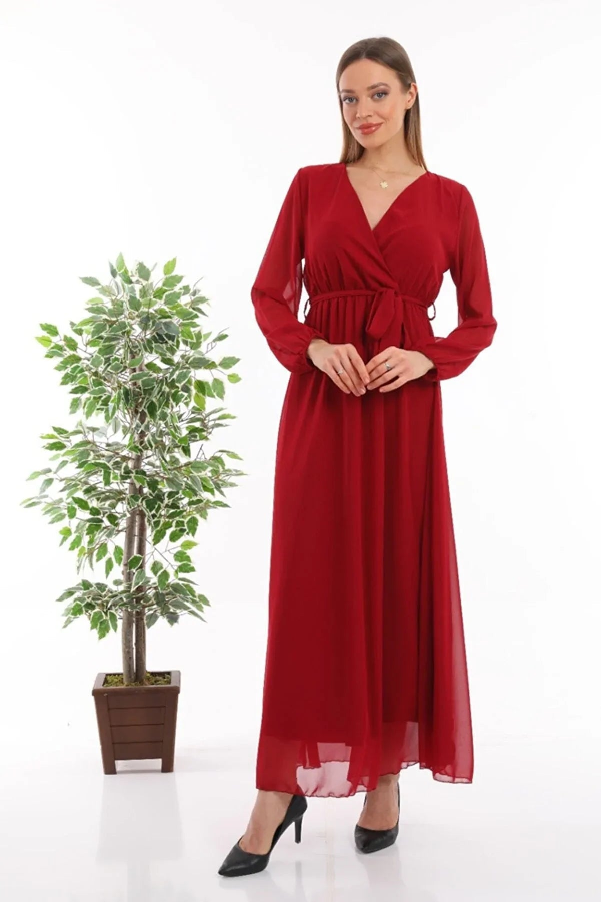 Women's Burgundy Wrap Neck Belted Plus Size Chiffon Maxi Dress