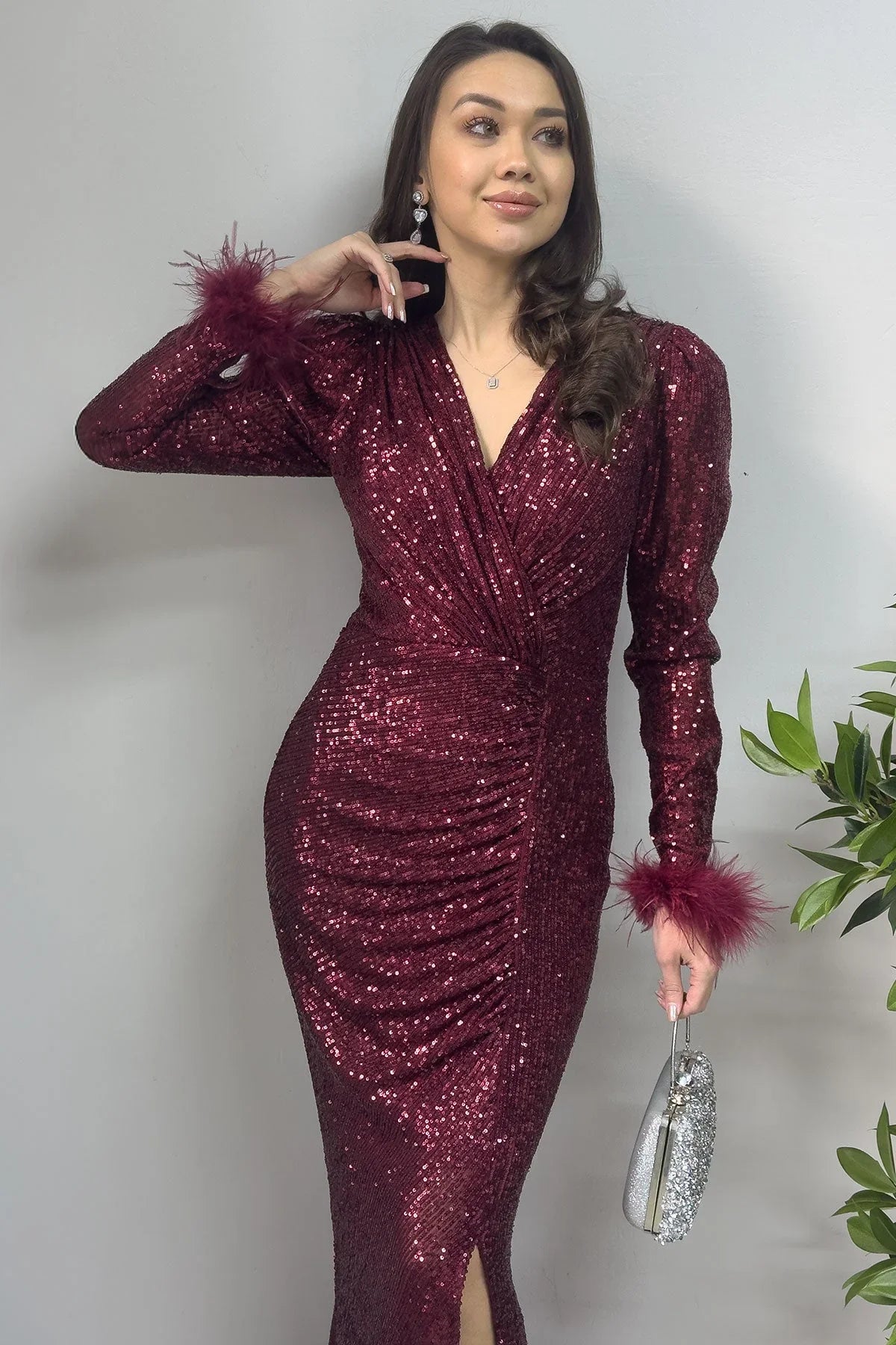 Women's Burgundy Wrap Neck Otriş Detail Sequin Slit Mermaid Evening Gown - the ZKS
