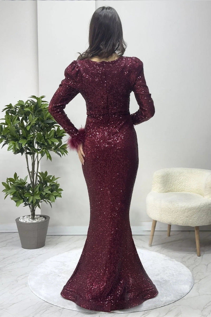 Women's Burgundy Wrap Neck Otriş Detail Sequin Slit Mermaid Evening Gown - the ZKS