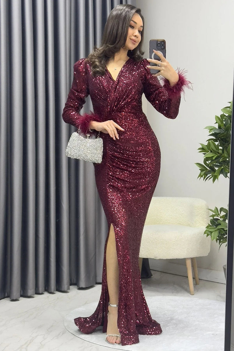 Women's Burgundy Wrap Neck Otriş Detail Sequin Slit Mermaid Evening Gown - the ZKS